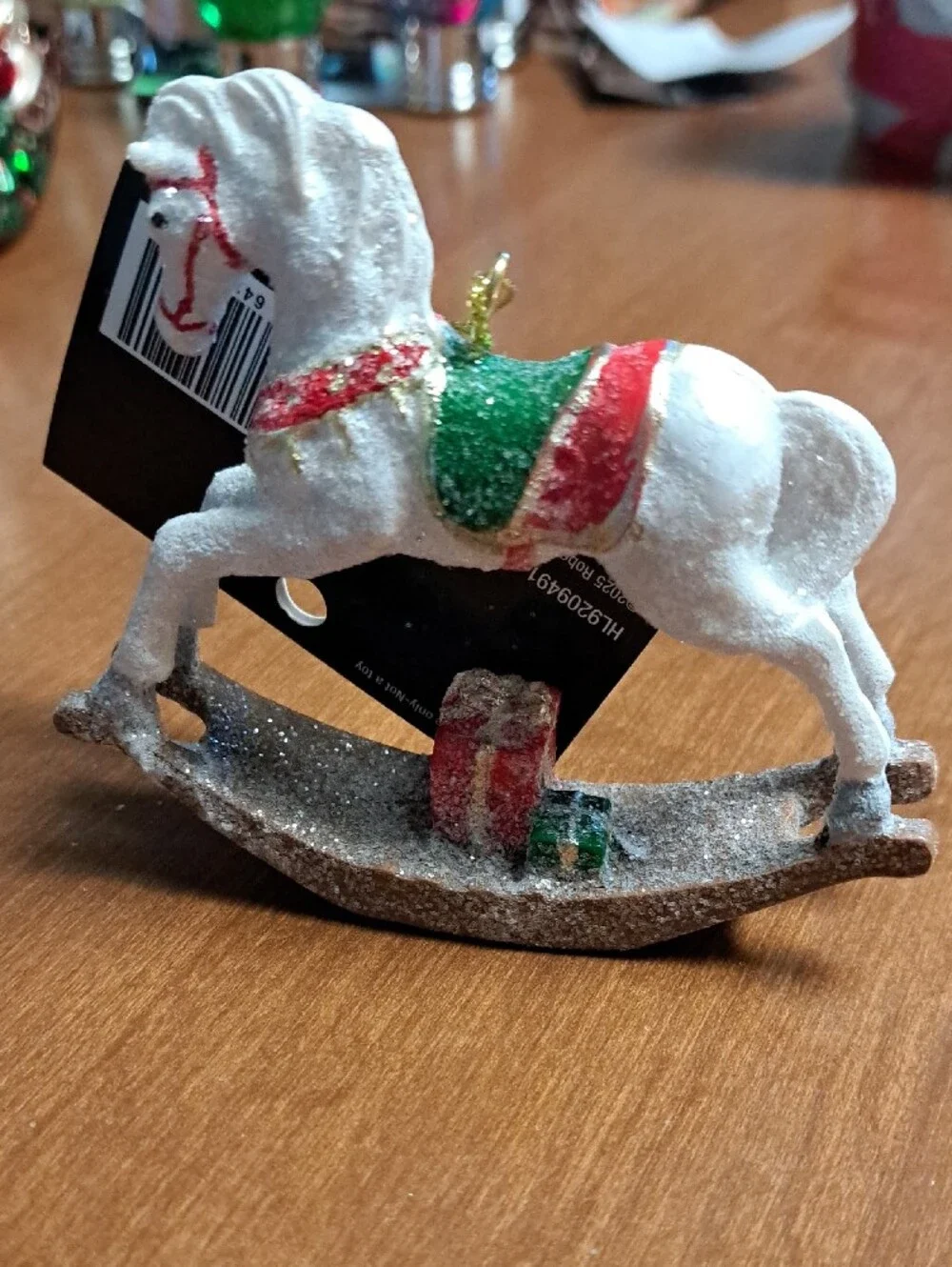 Christmas Sparkling White Rocking Horse Ornament with Red & Green Accents